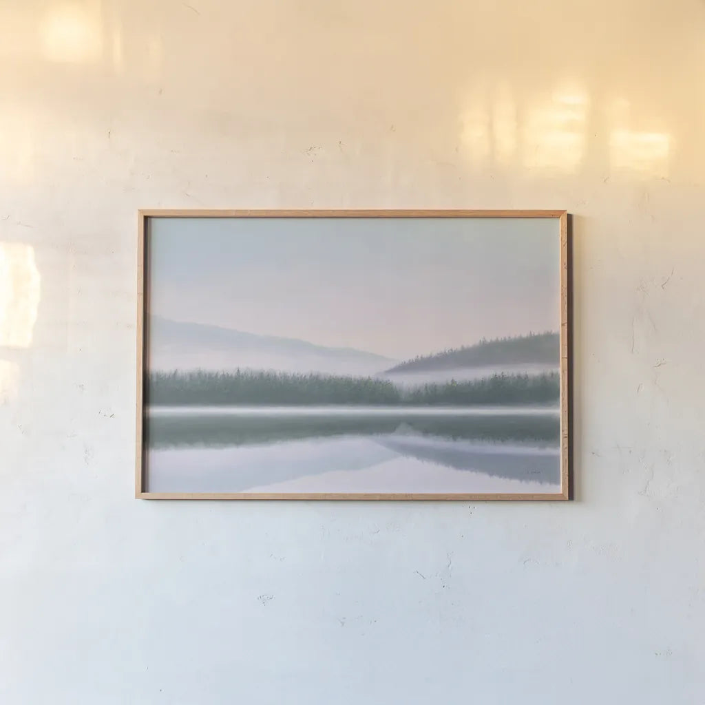 Lakeside Morning by James Wiens. shown as a paper print in a natural frame. Available as a archival giclee rolled canvas, fine art paper, or poster print. SKU 57271i.