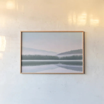 Lakeside Morning by James Wiens. shown as a paper print in a natural frame. Available as a archival giclee rolled canvas, fine art paper, or poster print. SKU 57271i.