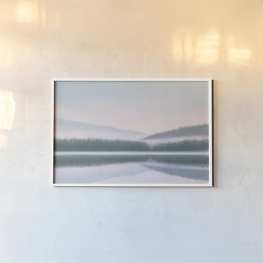 Lakeside Morning by James Wiens. shown as a paper print in a white frame. Available as a archival giclee rolled canvas, fine art paper, or poster print. SKU 57271i.