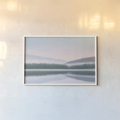 Lakeside Morning by James Wiens. shown as a paper print in a white frame. Available as a archival giclee rolled canvas, fine art paper, or poster print. SKU 57271i.