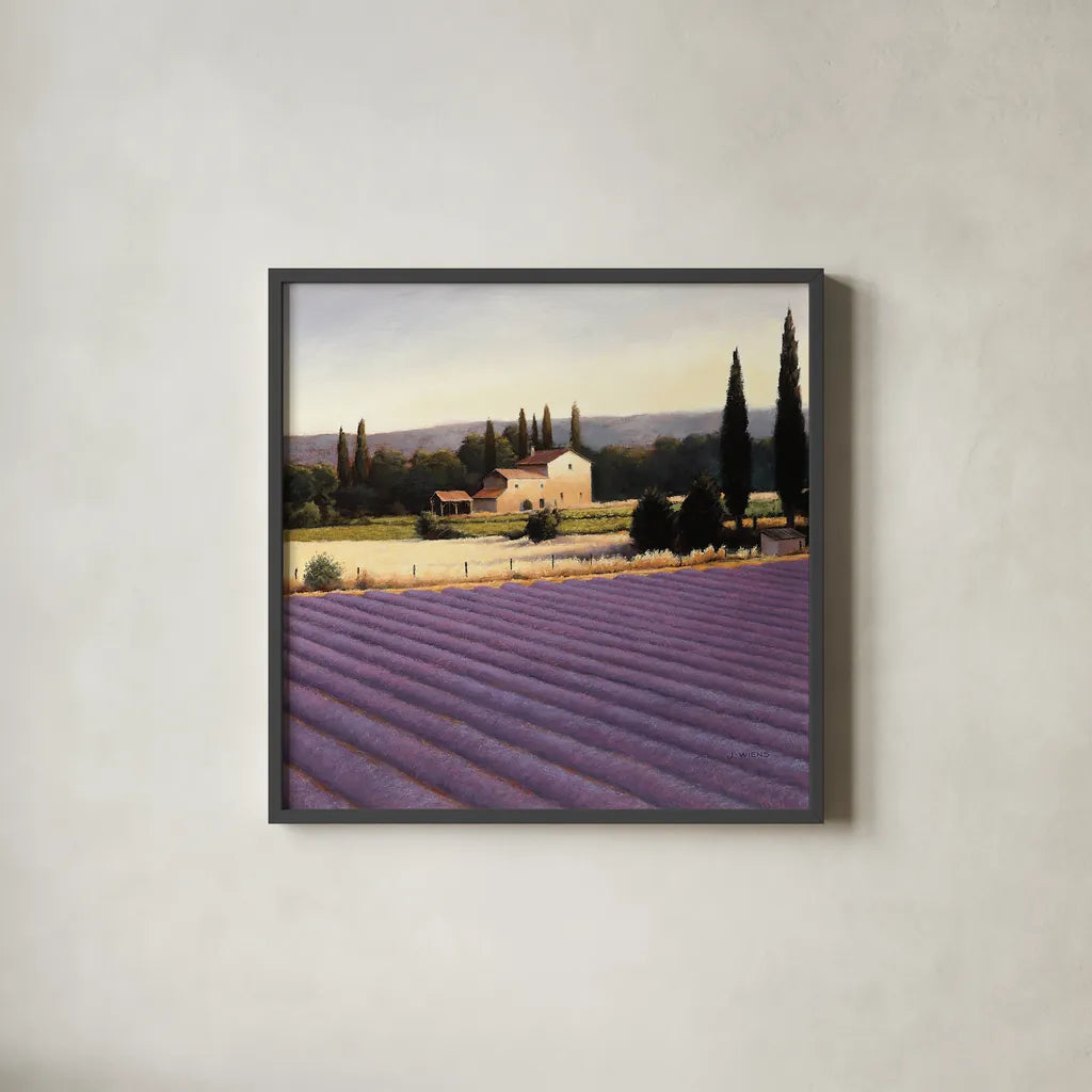 Lavender Fields II Crop by James Wiens. Shown in a sleek black glass frame for a contemporary gallery look. Available as an archival giclee rolled canvas, fine art paper, or poster print. SKU 10739a.