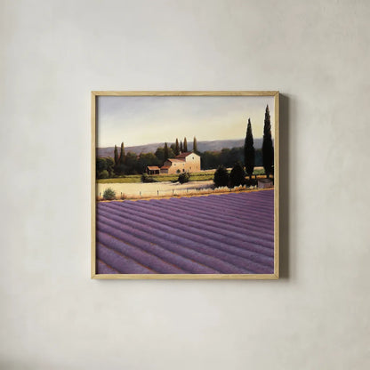 Lavender Fields II Crop by James Wiens. Shown in a natural wood glass frame for a timeless modern aesthetic. Available as an archival giclee rolled canvas, fine art paper, or poster print. SKU 10739a.