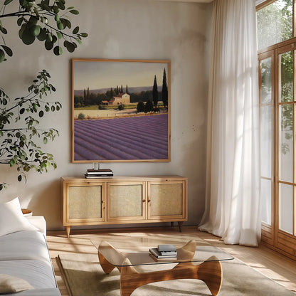Lavender Fields II Crop by James Wiens. Shown in a natural wood frame in a cozy modern living room. Available as an archival giclee rolled canvas, fine art paper, or poster print. SKU 10739a.