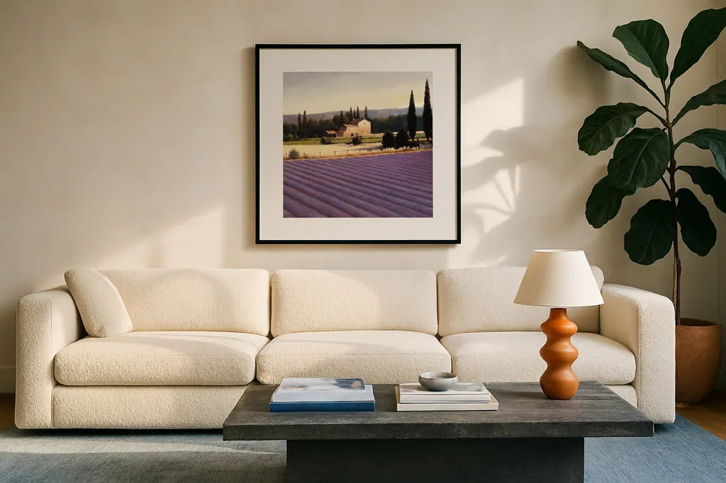 Lavender Fields II Crop by James Wiens. Displayed in a glass frame with matte in a clean modern living room. Available as an archival giclee rolled canvas, fine art paper, or poster print. SKU 10739a.