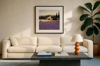 Lavender Fields II Crop by James Wiens. Displayed in a glass frame with matte in a clean modern living room. Available as an archival giclee rolled canvas, fine art paper, or poster print. SKU 10739a.