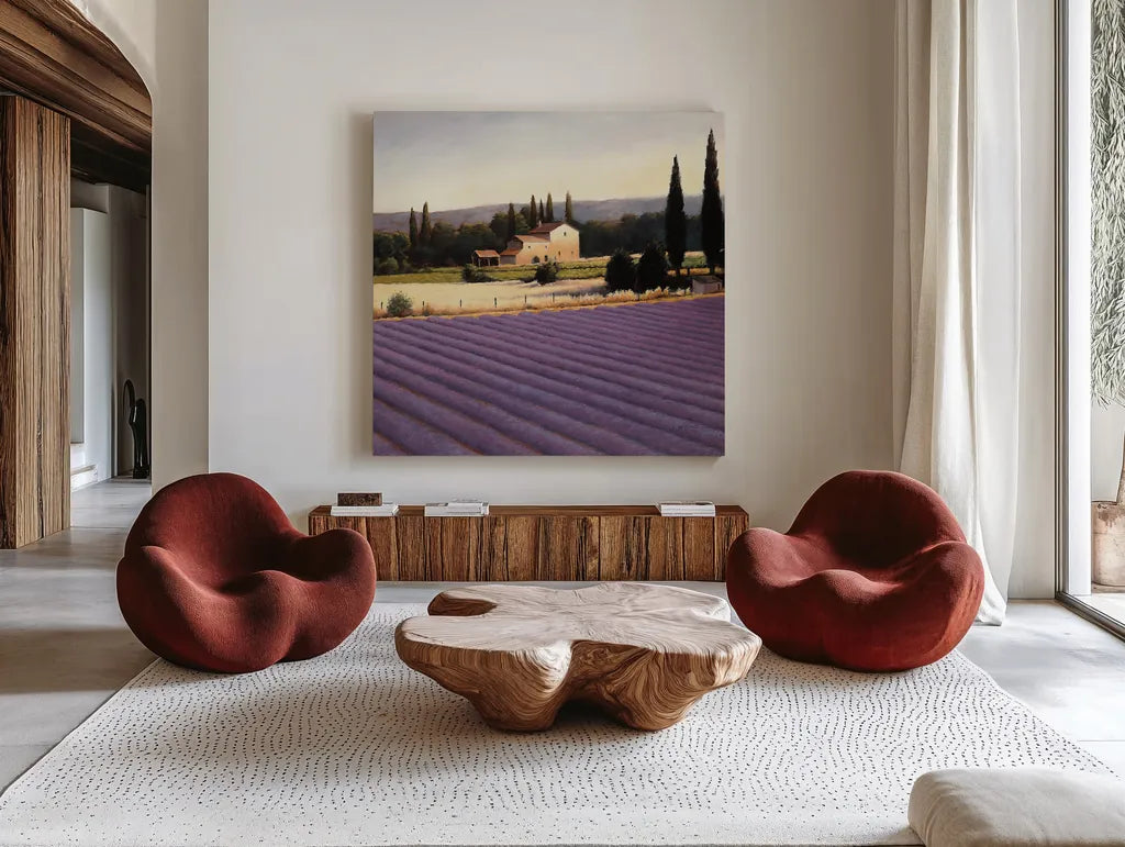 Lavender Fields II Crop by James Wiens. Shown as extra-large giant wall art in a modern living room. Available as an archival giclee rolled canvas, fine art paper, or poster print. SKU 10739a.