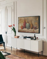 Leaves and Vessels by James Wiens. shown as a framed stretched canvas in a living room above a console. Available as a archival giclee rolled canvas, fine art paper, or poster print. SKU 10554i.
