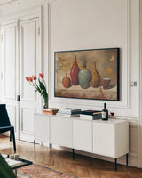 Leaves and Vessels with Twigs by James Wiens. shown as a framed stretched canvas in a living room above a console. Available as a archival giclee rolled canvas, fine art paper, or poster print. SKU 11127i.