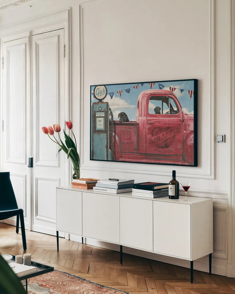 Lets Go for a Ride I by James Wiens. shown as a framed stretched canvas in a living room above a console. Available as a archival giclee rolled canvas, fine art paper, or poster print. SKU 14804i.