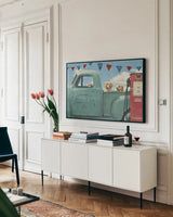Lets Go for a Ride II by James Wiens. shown as a framed stretched canvas in a living room above a console. Available as a archival giclee rolled canvas, fine art paper, or poster print. SKU 14805i.