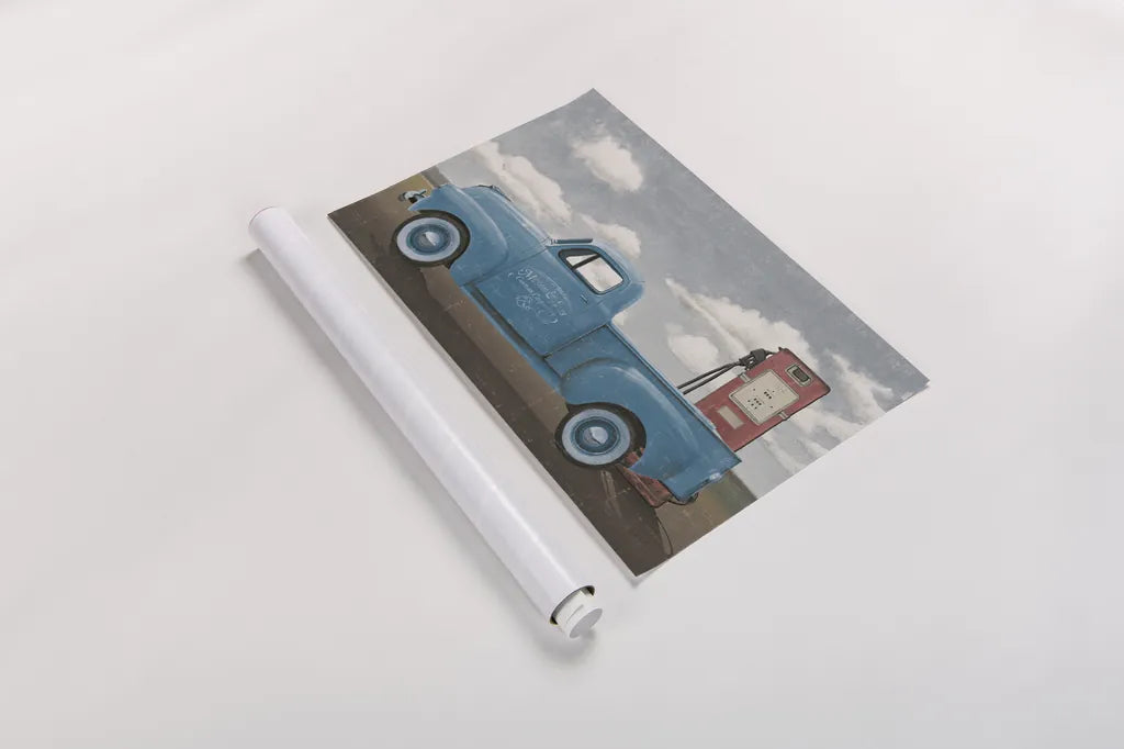 Lets Go for a Ride II Vintage Blue Truck by James Wiens. shown as a rolled paper print. Available as archival giclee rolled canvas, fine art paper, or poster print. SKU 84143i.