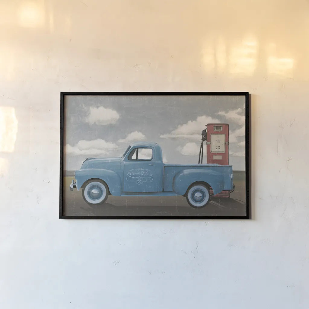 Lets Go for a Ride II Vintage Blue Truck by James Wiens. shown as a paper print in a black flame. Available as a archival giclee rolled canvas, fine art paper, or poster print. SKU 84143i.