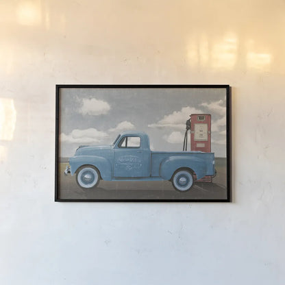 Lets Go for a Ride II Vintage Blue Truck by James Wiens. shown as a paper print in a black flame. Available as a archival giclee rolled canvas, fine art paper, or poster print. SKU 84143i.