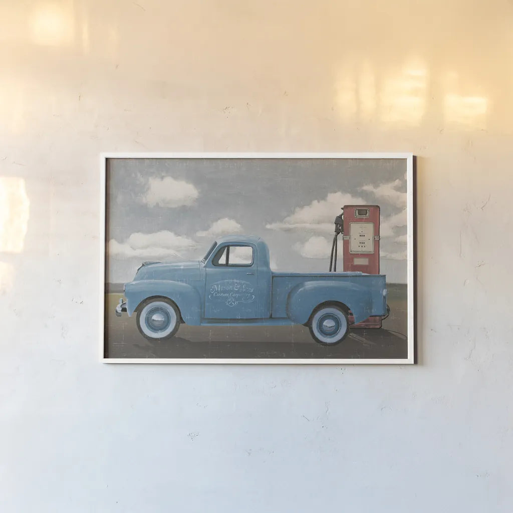 Lets Go for a Ride II Vintage Blue Truck by James Wiens. shown as a paper print in a white frame. Available as a archival giclee rolled canvas, fine art paper, or poster print. SKU 84143i.