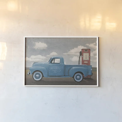 Lets Go for a Ride II Vintage Blue Truck by James Wiens. shown as a paper print in a white frame. Available as a archival giclee rolled canvas, fine art paper, or poster print. SKU 84143i.