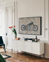 Lets Roll I Gray by James Wiens. shown as a framed stretched canvas in a living room above a console. Available as a archival giclee rolled canvas, fine art paper, or poster print. SKU 53383i.