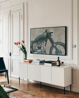 Lets Roll I Grunge Crop by James Wiens. shown as a framed stretched canvas in a living room above a console. Available as a archival giclee rolled canvas, fine art paper, or poster print. SKU 54952i.