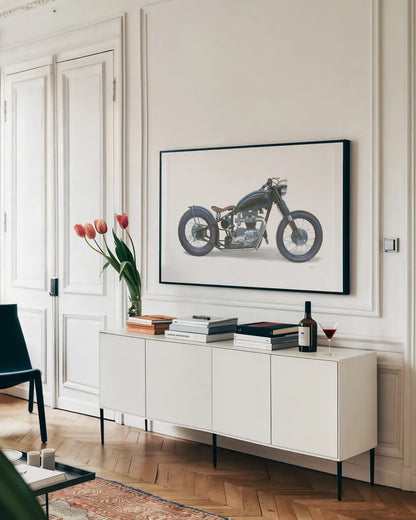 Lets Roll I White by James Wiens. shown as a framed stretched canvas in a living room above a console. Available as a archival giclee rolled canvas, fine art paper, or poster print. SKU 53217i.