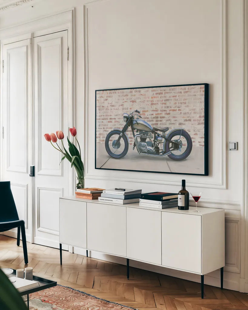 Lets Roll II by James Wiens. shown as a framed stretched canvas in a living room above a console. Available as a archival giclee rolled canvas, fine art paper, or poster print. SKU 53212i.