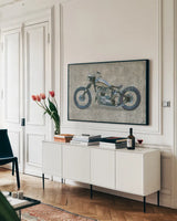 Lets Roll II Grunge by James Wiens. shown as a framed stretched canvas in a living room above a console. Available as a archival giclee rolled canvas, fine art paper, or poster print. SKU 54951i.