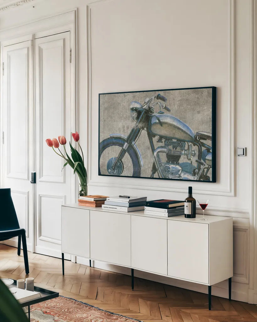 Lets Roll II Grunge Crop by James Wiens. shown as a framed stretched canvas in a living room above a console. Available as a archival giclee rolled canvas, fine art paper, or poster print. SKU 54953i.