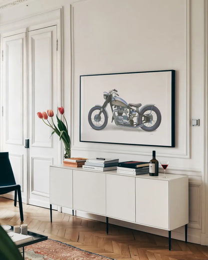 Lets Roll II White by James Wiens. shown as a framed stretched canvas in a living room above a console. Available as a archival giclee rolled canvas, fine art paper, or poster print. SKU 53218i.