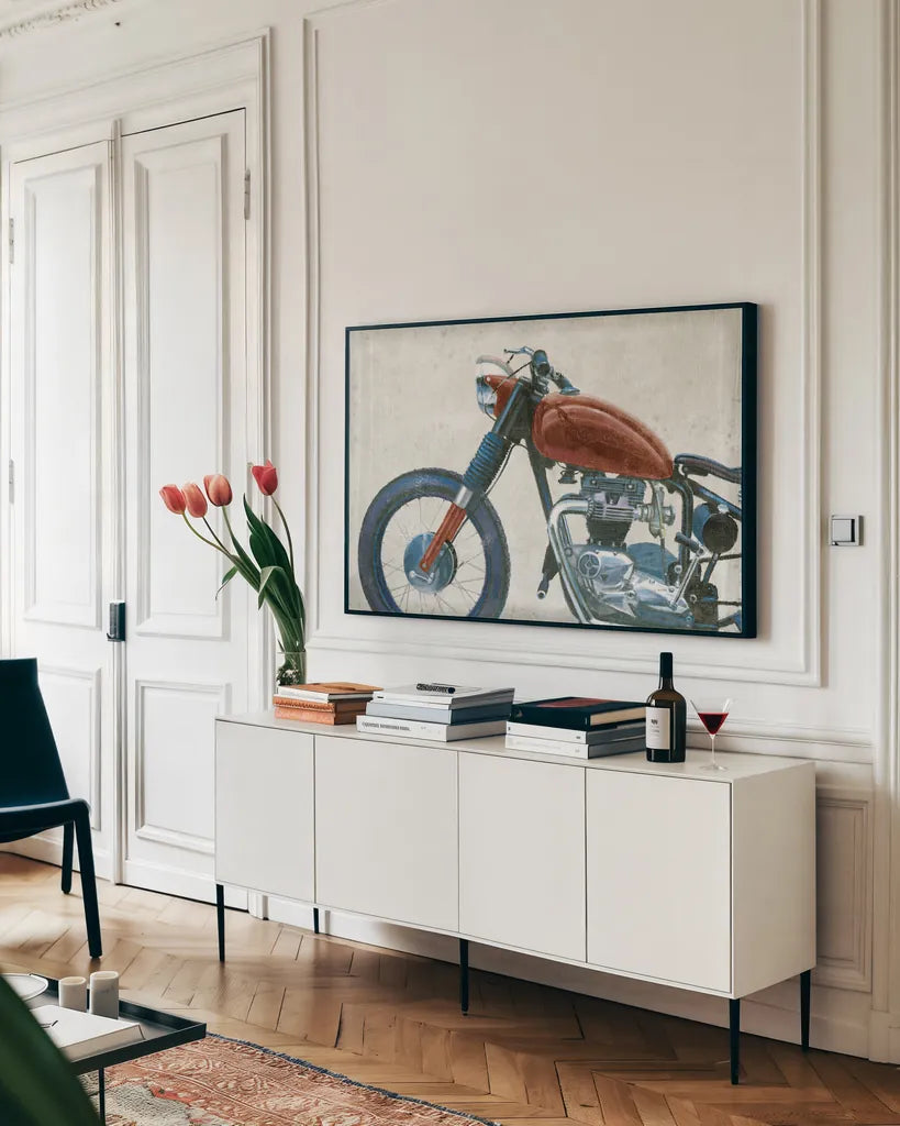 Lets Roll III Grunge Crop by James Wiens. shown as a framed stretched canvas in a living room above a console. Available as a archival giclee rolled canvas, fine art paper, or poster print. SKU 63526i.