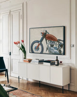 Lets Roll III Grunge Crop by James Wiens. shown as a framed stretched canvas in a living room above a console. Available as a archival giclee rolled canvas, fine art paper, or poster print. SKU 63526i.