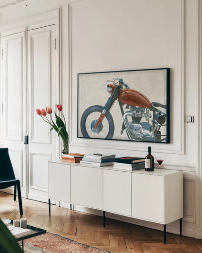 Lets Roll III Grunge Crop by James Wiens. shown as a framed stretched canvas in a living room above a console. Available as a archival giclee rolled canvas, fine art paper, or poster print. SKU 63526i.