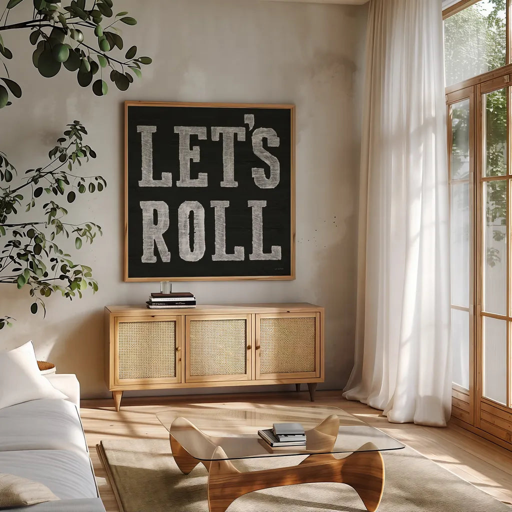 Lets Roll V by James Wiens. Shown in a natural wood frame in a cozy modern living room. Available as an archival giclee rolled canvas, fine art paper, or poster print. SKU 53215a.