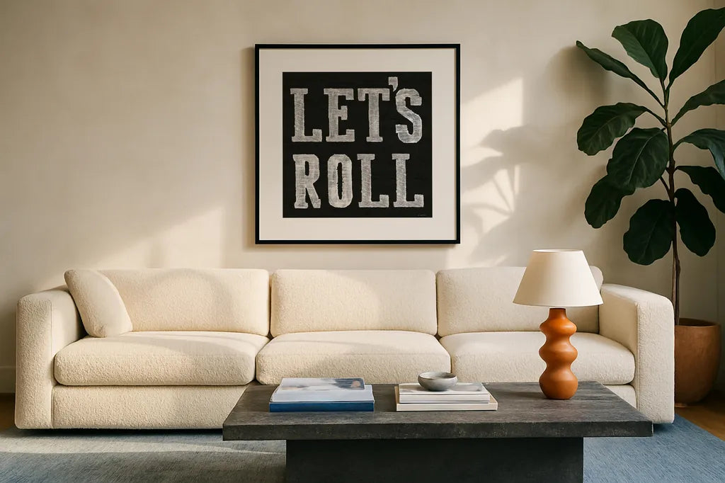 Lets Roll V by James Wiens. Displayed in a glass frame with matte in a clean modern living room. Available as an archival giclee rolled canvas, fine art paper, or poster print. SKU 53215a.