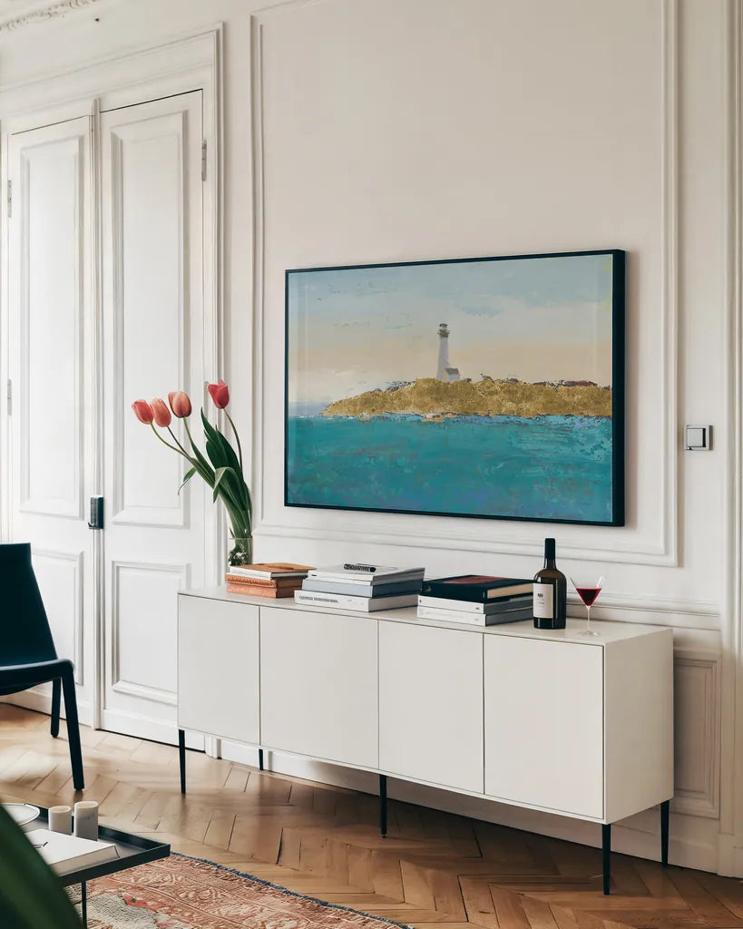 Lighthouse Seascape I v2 Crop by James Wiens. shown as a framed stretched canvas in a living room above a console. Available as a archival giclee rolled canvas, fine art paper, or poster print. SKU 23371i.