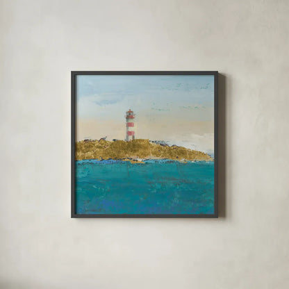 Lighthouse Seascape I v3 Crop by James Wiens. Shown in a sleek black glass frame for a contemporary gallery look. Available as an archival giclee rolled canvas, fine art paper, or poster print. SKU 22348a.