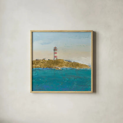 Lighthouse Seascape I v3 Crop by James Wiens. Shown in a natural wood glass frame for a timeless modern aesthetic. Available as an archival giclee rolled canvas, fine art paper, or poster print. SKU 22348a.