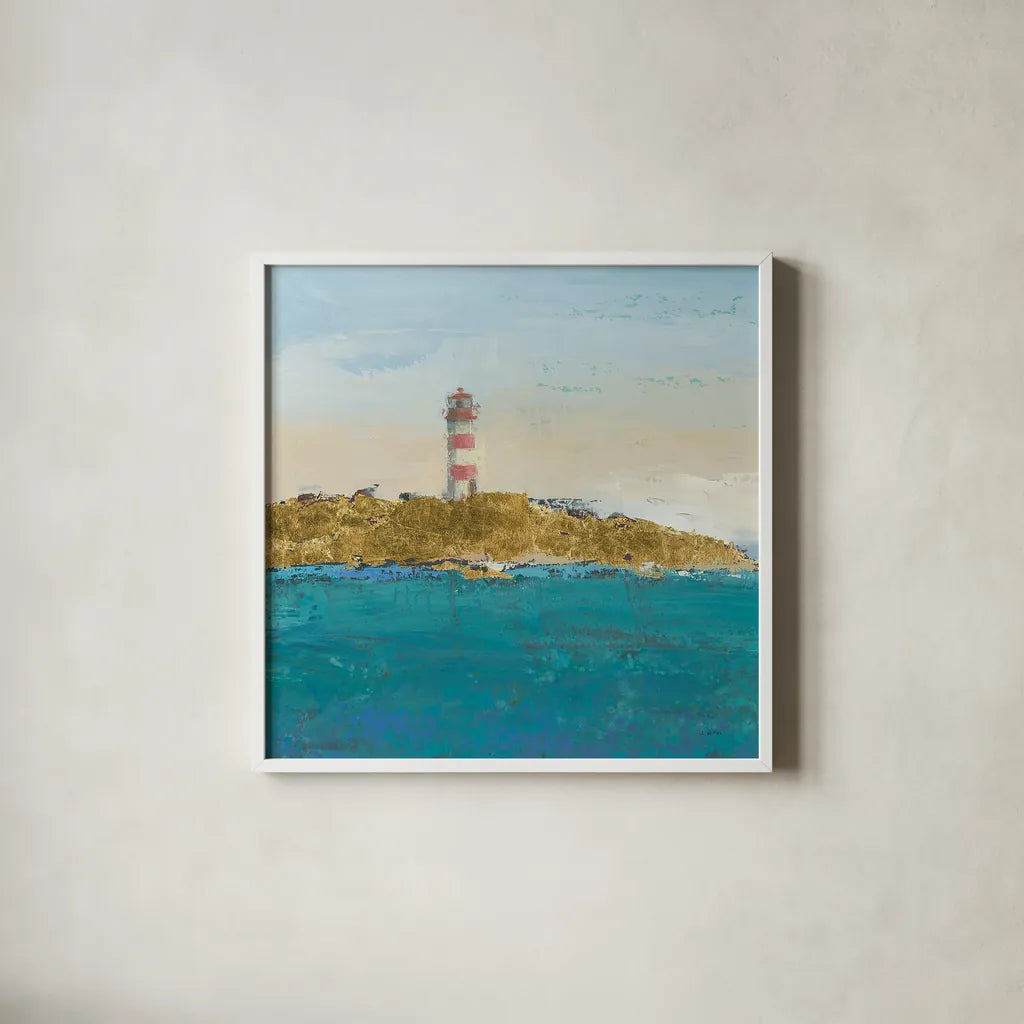 Lighthouse Seascape I v3 Crop by James Wiens. Shown in a crisp white glass frame for a clean and minimalist style. Available as an archival giclee rolled canvas, fine art paper, or poster print. SKU 22348a.