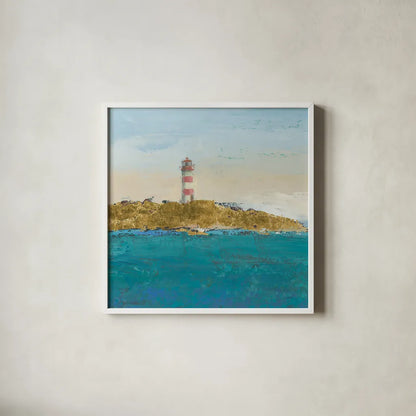 Lighthouse Seascape I v3 Crop by James Wiens. Shown in a crisp white glass frame for a clean and minimalist style. Available as an archival giclee rolled canvas, fine art paper, or poster print. SKU 22348a.
