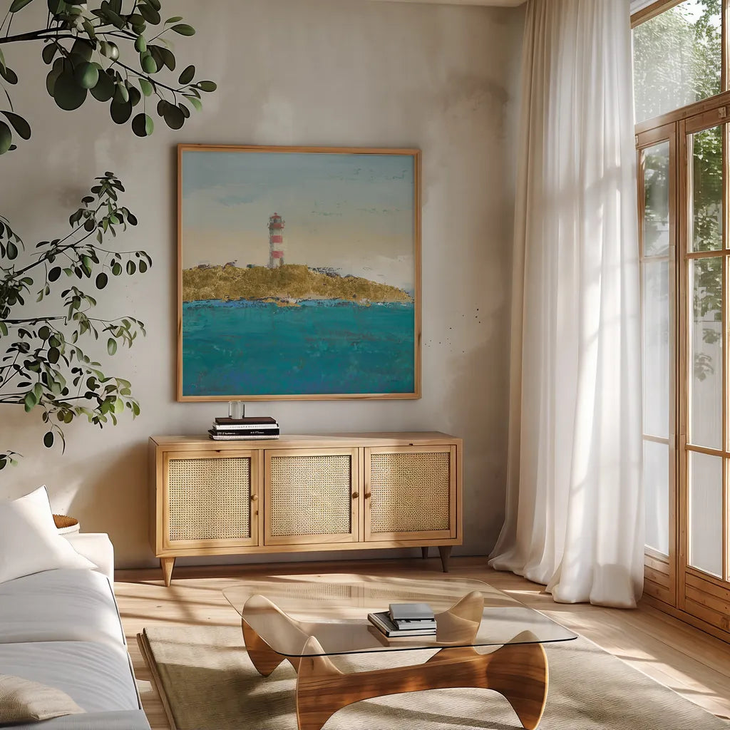 Lighthouse Seascape I v3 Crop by James Wiens. Shown in a natural wood frame in a cozy modern living room. Available as an archival giclee rolled canvas, fine art paper, or poster print. SKU 22348a.