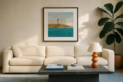 Lighthouse Seascape I v3 Crop by James Wiens. Displayed in a glass frame with matte in a clean modern living room. Available as an archival giclee rolled canvas, fine art paper, or poster print. SKU 22348a.