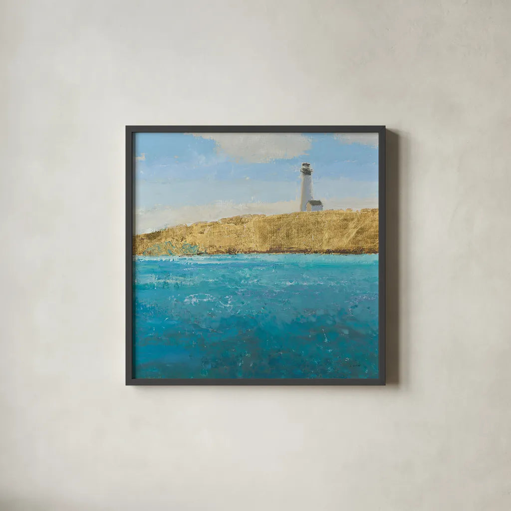 Lighthouse Seascape II Crop by James Wiens. Shown in a sleek black glass frame for a contemporary gallery look. Available as an archival giclee rolled canvas, fine art paper, or poster print. SKU 22349a.