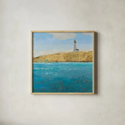 Lighthouse Seascape II Crop by James Wiens. Shown in a natural wood glass frame for a timeless modern aesthetic. Available as an archival giclee rolled canvas, fine art paper, or poster print. SKU 22349a.