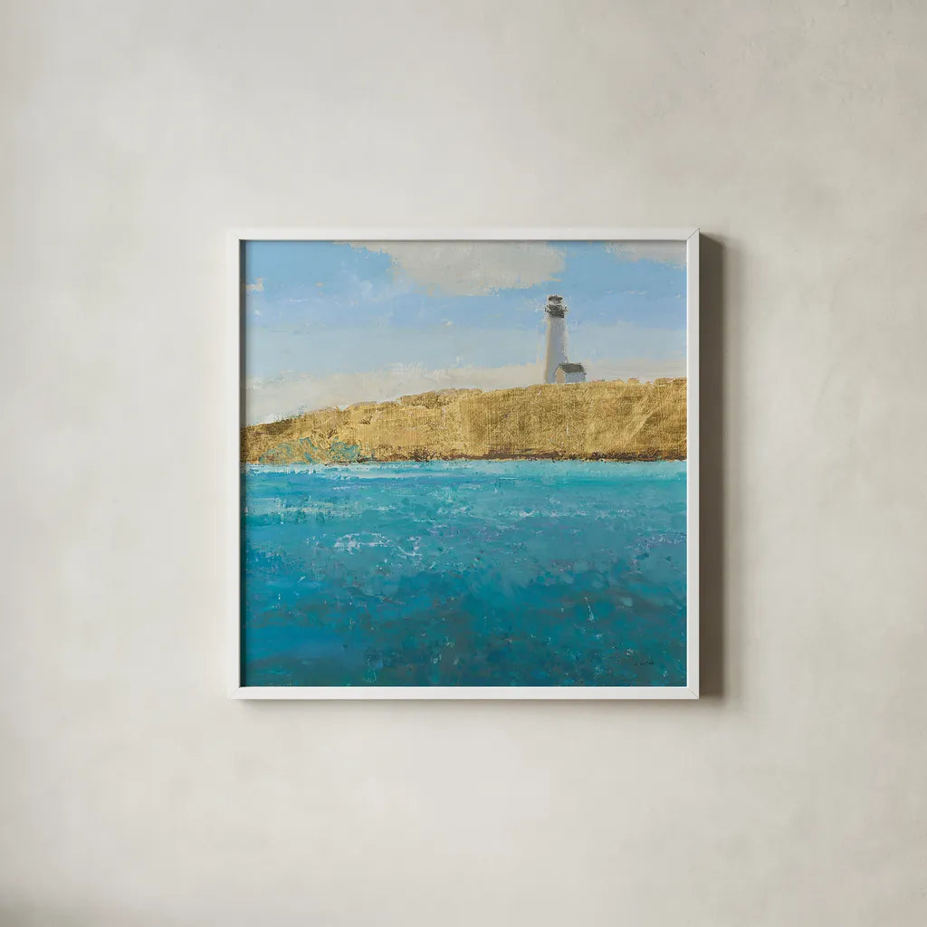 Lighthouse Seascape II Crop by James Wiens. Shown in a crisp white glass frame for a clean and minimalist style. Available as an archival giclee rolled canvas, fine art paper, or poster print. SKU 22349a.