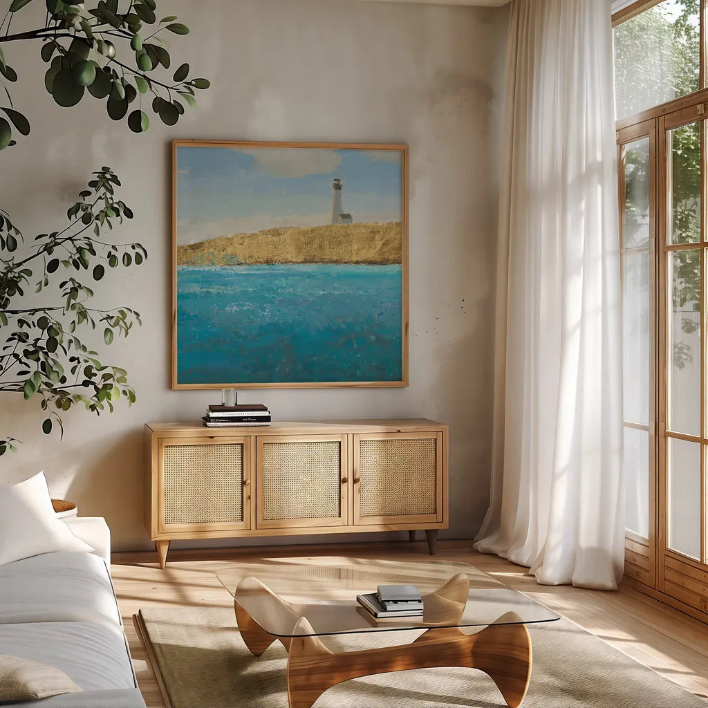 Lighthouse Seascape II Crop by James Wiens. Shown in a natural wood frame in a cozy modern living room. Available as an archival giclee rolled canvas, fine art paper, or poster print. SKU 22349a.