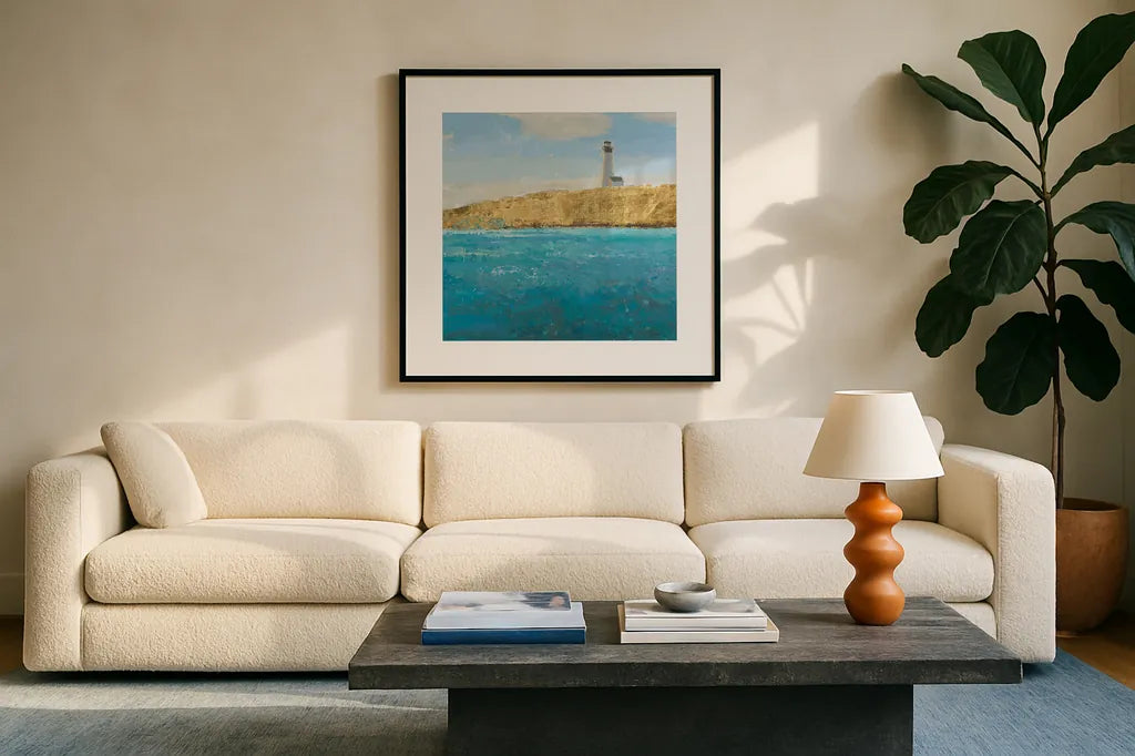 Lighthouse Seascape II Crop by James Wiens. Displayed in a glass frame with matte in a clean modern living room. Available as an archival giclee rolled canvas, fine art paper, or poster print. SKU 22349a.