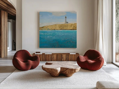 Lighthouse Seascape II Crop by James Wiens. Shown as extra-large giant wall art in a modern living room. Available as an archival giclee rolled canvas, fine art paper, or poster print. SKU 22349a.