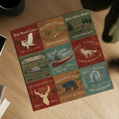 Lodge Signs XI by James Wiens. Shown as a detailed flat fine art print, highlighting archival giclee quality. Available as an archival giclee rolled canvas, fine art paper, or poster print. SKU 33308a.