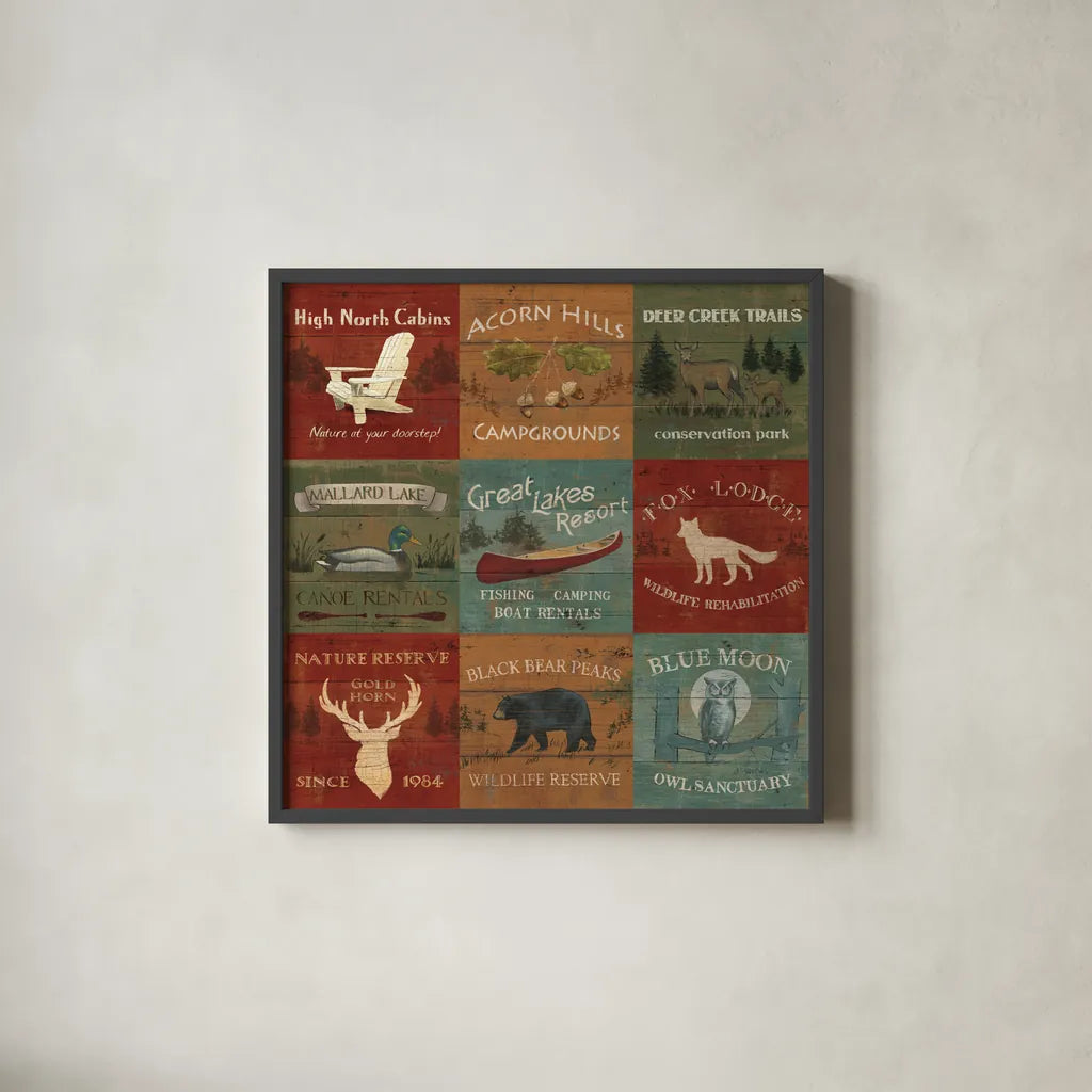 Lodge Signs XI by James Wiens. Shown in a sleek black glass frame for a contemporary gallery look. Available as an archival giclee rolled canvas, fine art paper, or poster print. SKU 33308a.