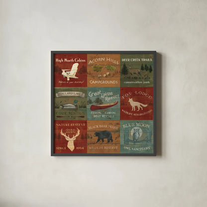 Lodge Signs XI by James Wiens. Shown in a sleek black glass frame for a contemporary gallery look. Available as an archival giclee rolled canvas, fine art paper, or poster print. SKU 33308a.