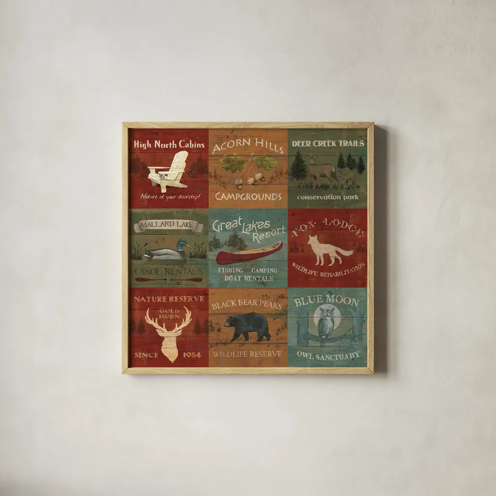 Lodge Signs XI by James Wiens. Shown in a natural wood glass frame for a timeless modern aesthetic. Available as an archival giclee rolled canvas, fine art paper, or poster print. SKU 33308a.