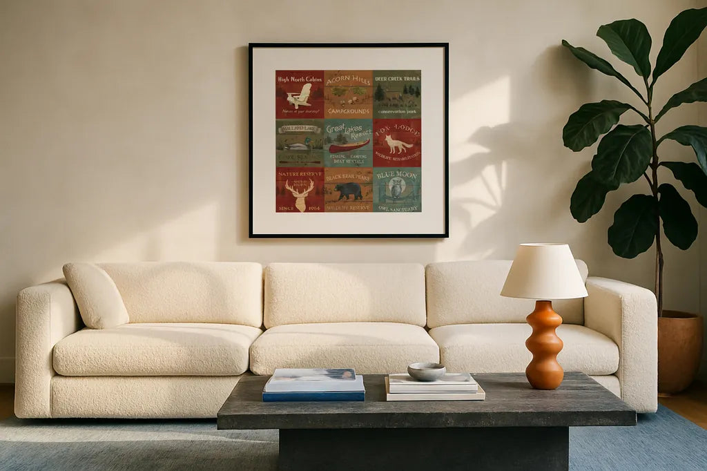 Lodge Signs XI by James Wiens. Displayed in a glass frame with matte in a clean modern living room. Available as an archival giclee rolled canvas, fine art paper, or poster print. SKU 33308a.
