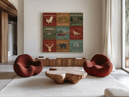 Lodge Signs XI by James Wiens. Shown as extra-large giant wall art in a modern living room. Available as an archival giclee rolled canvas, fine art paper, or poster print. SKU 33308a.